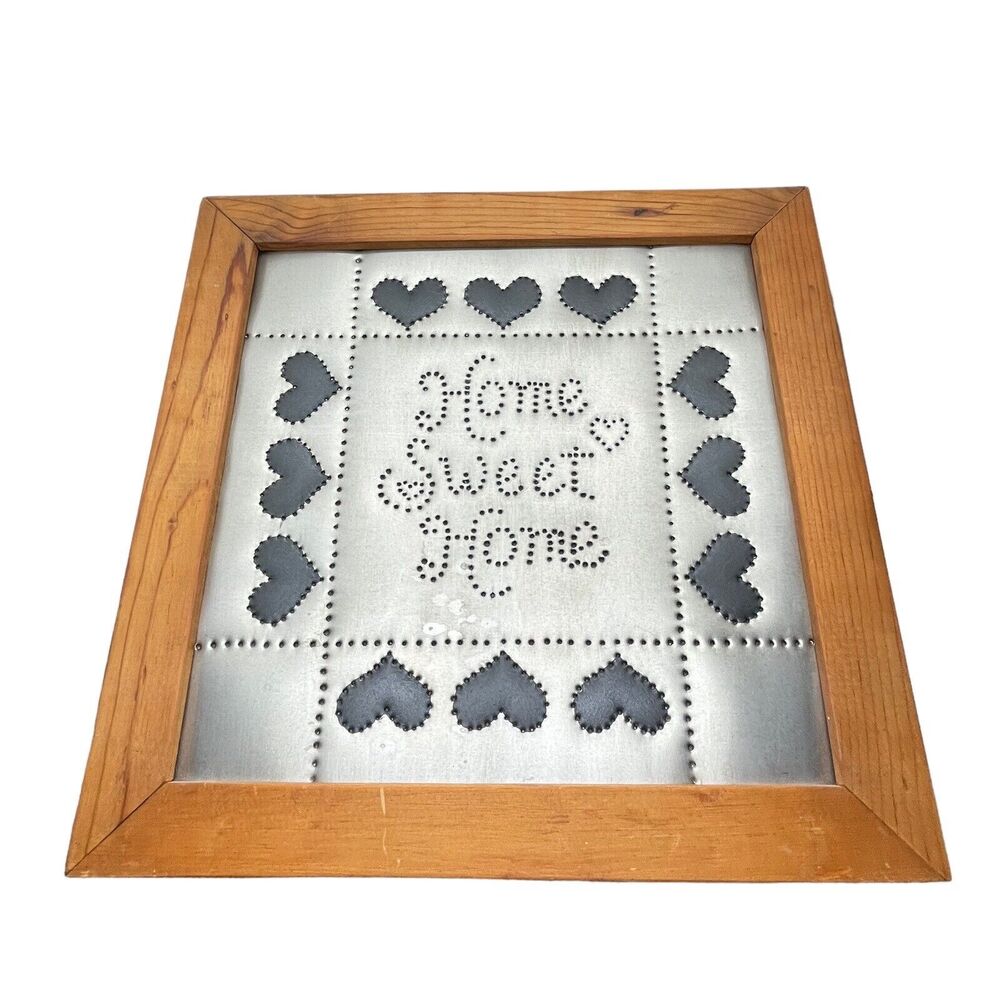 Home Sweet Home Punched Tin Farmhouse Wall Hanging Art Americana Handmade Hearts